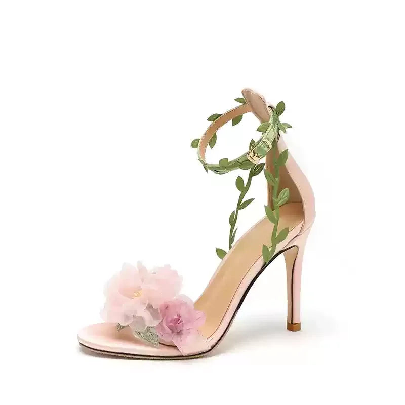 2025 summer new open toed slim heel pink flower fairy style buckle with high heels wedding shoes women's sandals
