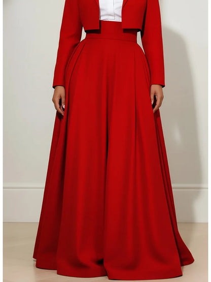 Freeacy Women's Solid Red High Waist Wide Leg Floor Length Pants Flowing Pleated Formal Evening Wear Trousers Matching Bottoms