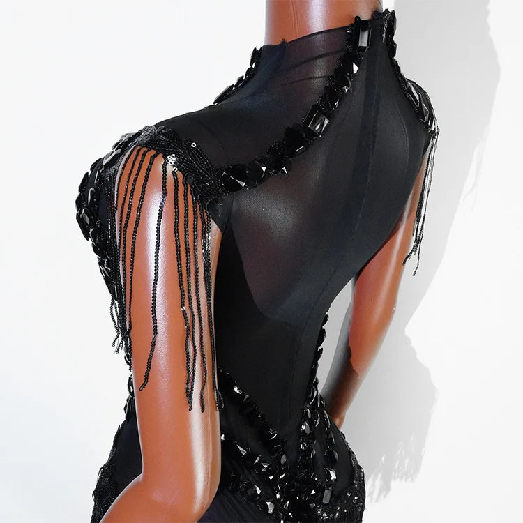 Sexy Mesh Sheer Black Rhinestone Tassel Bodysuit Women Singer Dancer Stage Show Outfit Nightclub Leotard Party Performance Wear