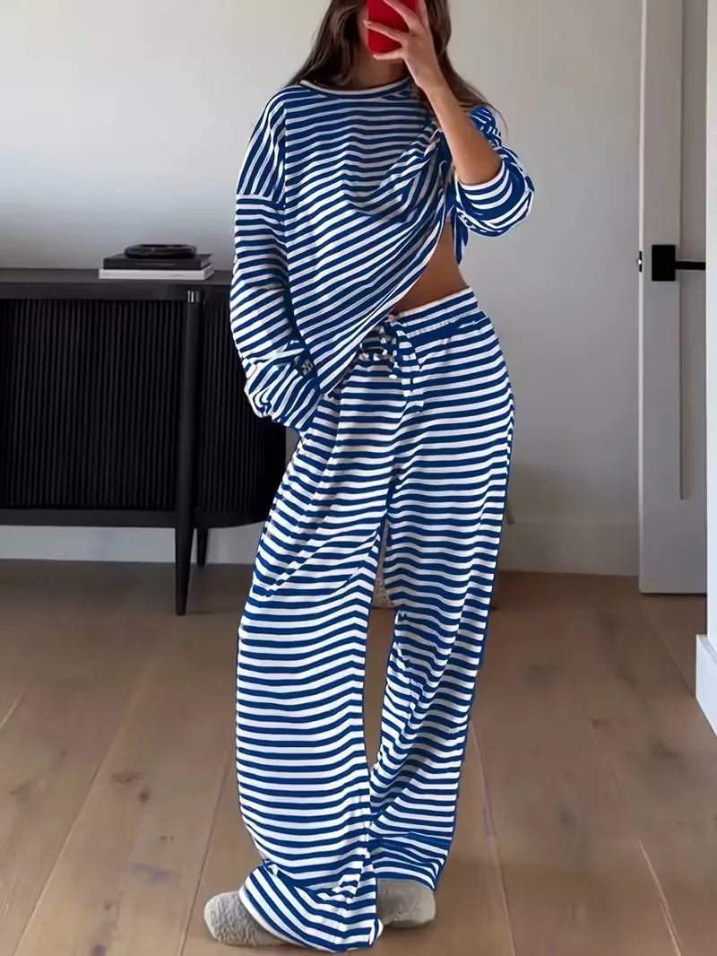 New Simple Striped Suit Simple  Loose Comfortable Lazy Style Long-sleeved Round Neck Pullover Top Lace-up Trousers Two-piece Set