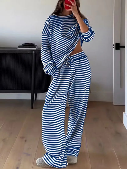 New Simple Striped Suit Simple  Loose Comfortable Lazy Style Long-sleeved Round Neck Pullover Top Lace-up Trousers Two-piece Set