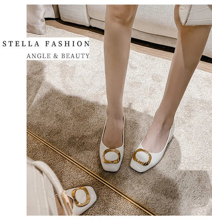 Plus Size 42 43 Women Pumps Med Heel Square Toe Pumps Office Lady Imitation Crocodile Leahter Shoes Big Gold Metal Chain Slip On