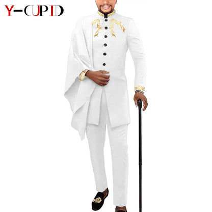 African Couple Matching Clothes for Wedding Women Slim Mermaid Dress Bazin Riche Men Irregular Jacket Pant Sets with Hat Y23C011