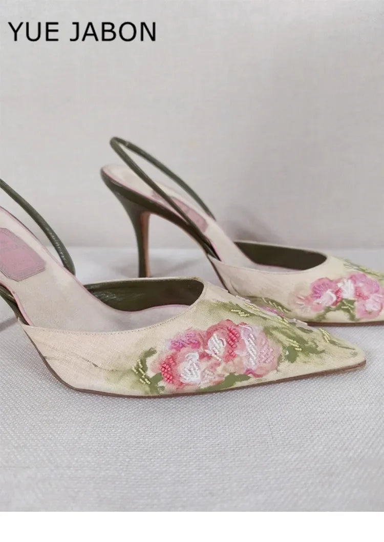 Flowers Embroidered Stiletto Heel Sandals Women Elegant High Heels Slingback Sandals China Embroider Pointed Toe Pumps Women