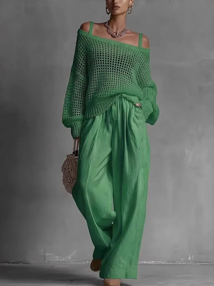 Cotton Casual Pants Sets for Women's Solid Long Sleeve hollow out knit Top Summer Outfit Elastic Waist OL Workwear Wide Leg Suit