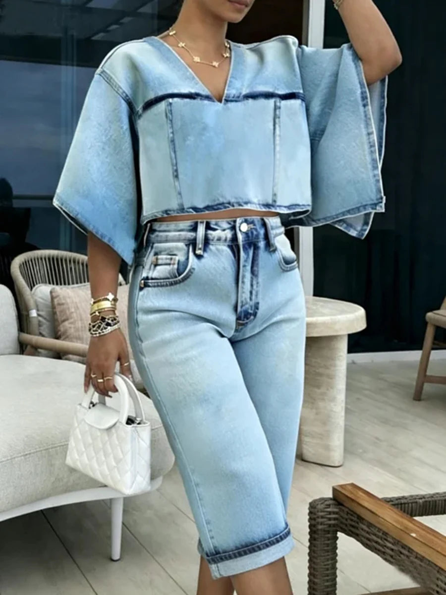 Bonboho Women's Light Blue Washed Distressed V-Neck Batwing Sleeve Cropped Denim T-shirt Top 2026 Summer Stylish Retro Tees