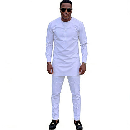 Men's Sets Solid White Long Sleeve Tops & Trousers Original Design Pant Suits Tailored African Couture Party Wear