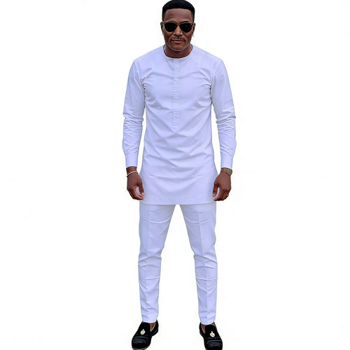 Men's Sets Solid White Long Sleeve Tops & Trousers Original Design Pant Suits Tailored African Couture Party Wear
