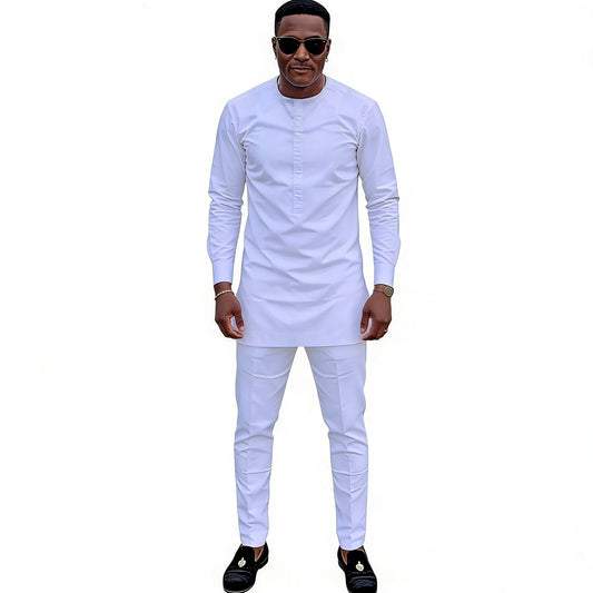 Men's Sets Solid White Long Sleeve Tops & Trousers Original Design Pant Suits Tailored African Couture Party Wear