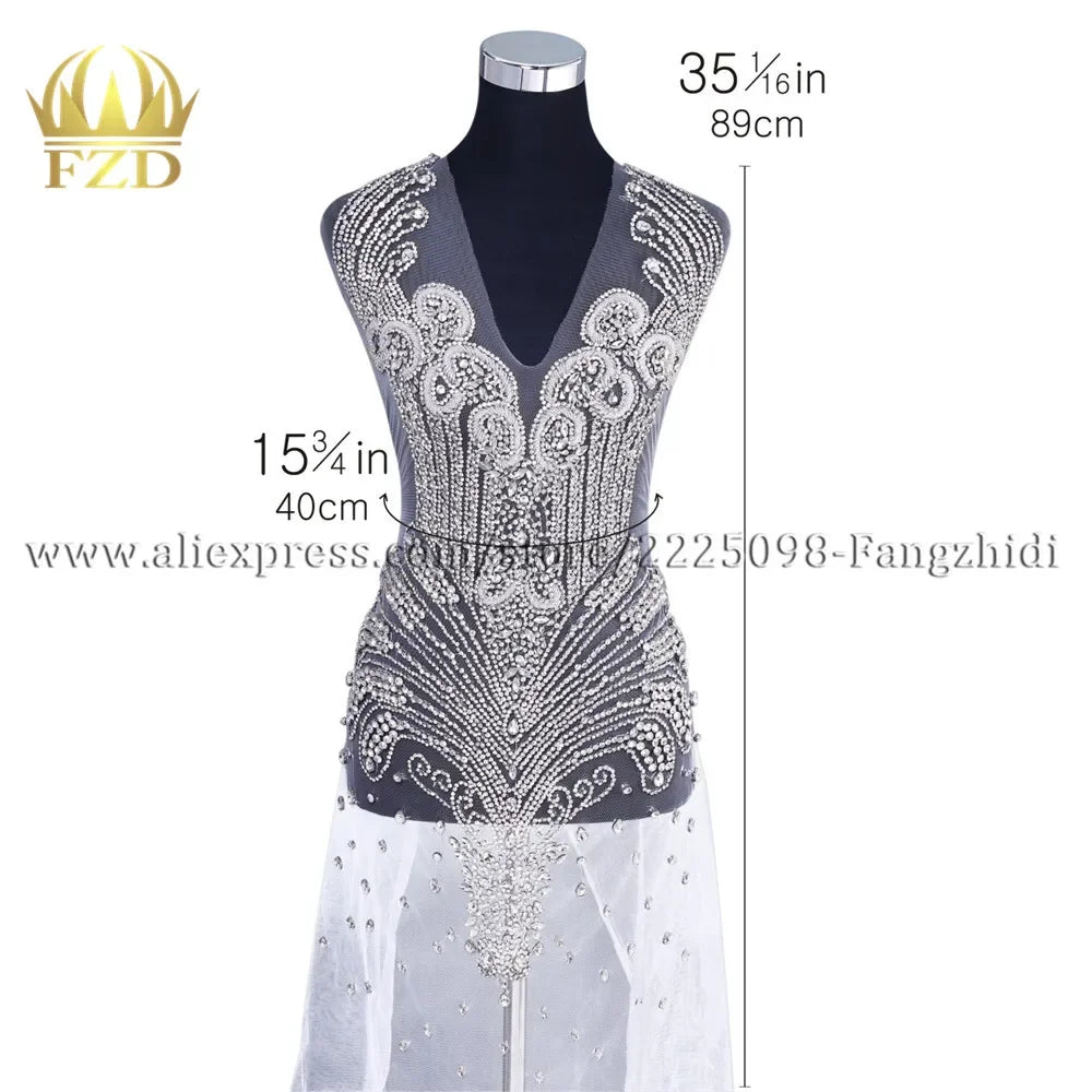 FZD 1 PC Silver Rhinestone Crystal Patches Handmade Gold Crystal Glass Rhinestone Bodice Applique Sew on Wedding Evening Dresses
