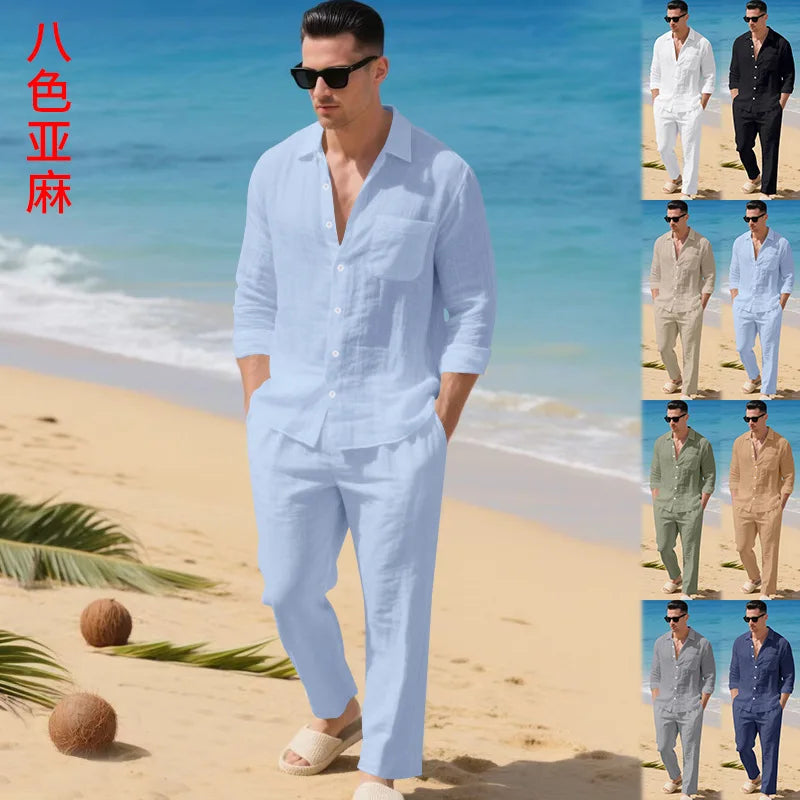 The 2026 Summer Men's linen short-sleeved shirt set is a two-piece long pants set suitable fordaily casual beach vacations 2Pcs