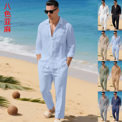 The 2026 Summer Men's linen short-sleeved shirt set is a two-piece long pants set suitable fordaily casual beach vacations 2Pcs