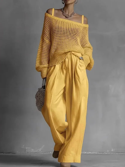 Cotton Casual Pants Sets for Women's Solid Long Sleeve hollow out knit Top Summer Outfit Elastic Waist OL Workwear Wide Leg Suit