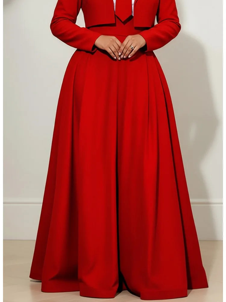 Freeacy Women's Solid Red High Waist Wide Leg Floor Length Pants Flowing Pleated Formal Evening Wear Trousers Matching Bottoms