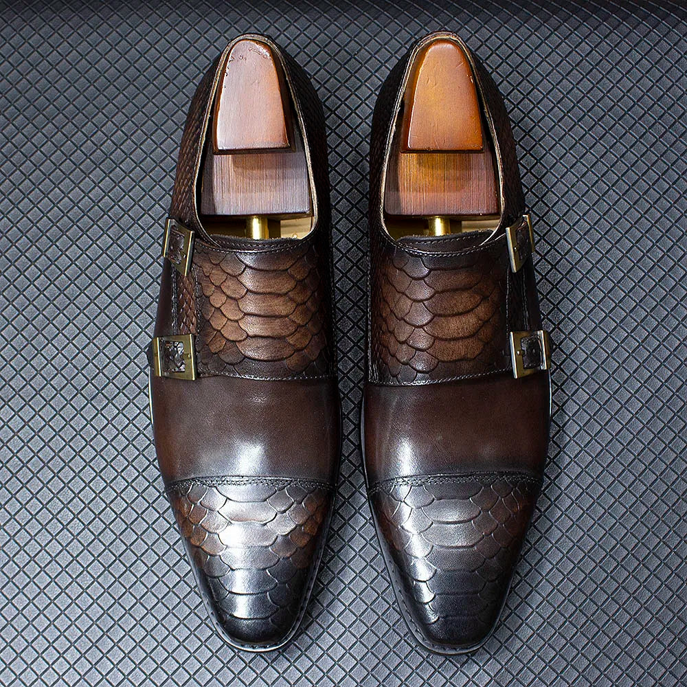 Luxury Double Buckle Monk Strap Men's Dress Shoes Genuine Leather Classic Crocodile Pattern Formal Business Office Footwear