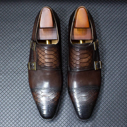 Luxury Double Buckle Monk Strap Men's Dress Shoes Genuine Leather Classic Crocodile Pattern Formal Business Office Footwear