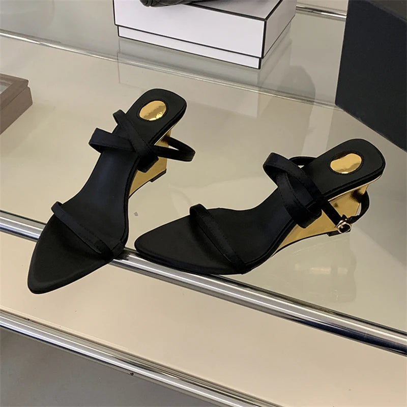 Street Style Design Wedges Heels Women Sandals Buckle Strap Pointed Toe Banquet Shoes Summer Ladies Pumps