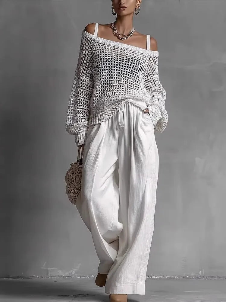 Cotton Casual Pants Sets for Women's Solid Long Sleeve hollow out knit Top Summer Outfit Elastic Waist OL Workwear Wide Leg Suit