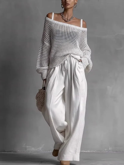 Cotton Casual Pants Sets for Women's Solid Long Sleeve hollow out knit Top Summer Outfit Elastic Waist OL Workwear Wide Leg Suit