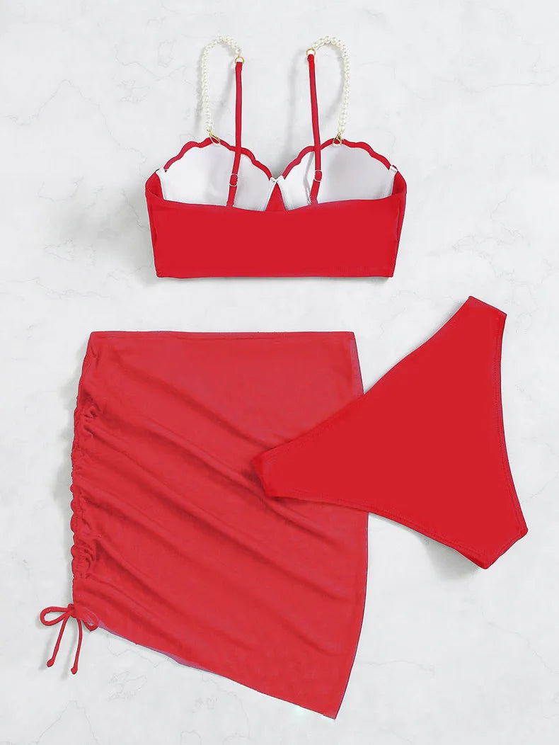 2025 New Sexy Three-piece Bikini Women Solid Drawstring Skirt Swimsuit Sling Backless Swimwear Tight Gathered Beach Bathing Suit