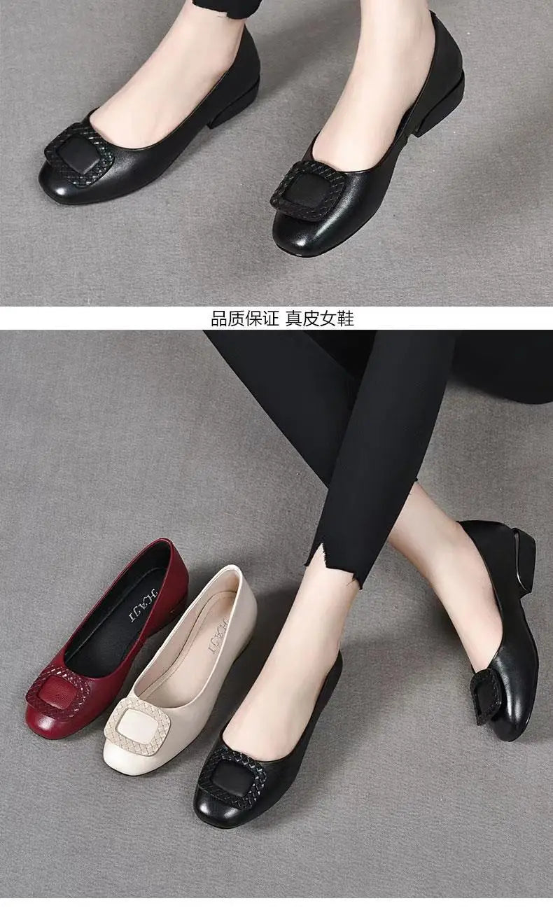 Soft Pu Leather Women's Low Heel Shoes Shallow Mouth All-match Comfortable Pumps Thick Heels Ladies Work Small Leather Shoes