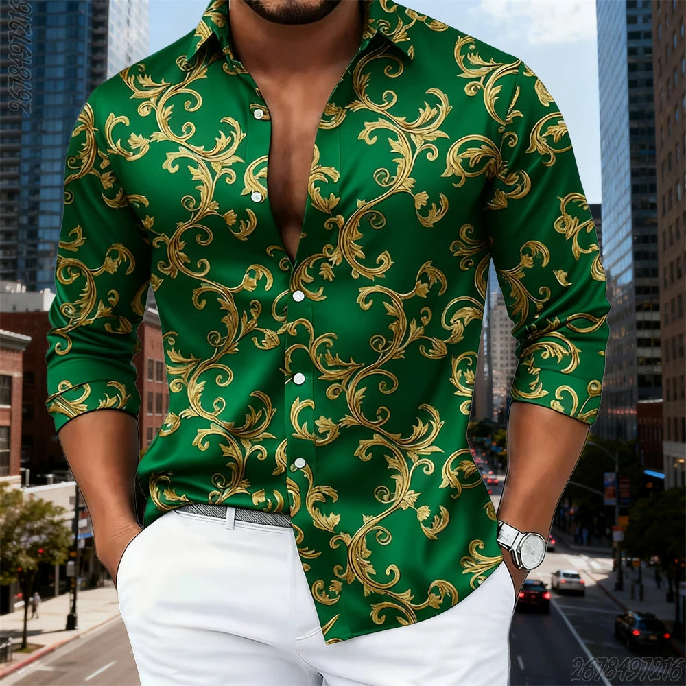 16 Colors Men's Luxury Baroque Gold Pattern Long-Sleeved Shirt Fashionable Retro Print Comfortable Non-Iron Large Size Top
