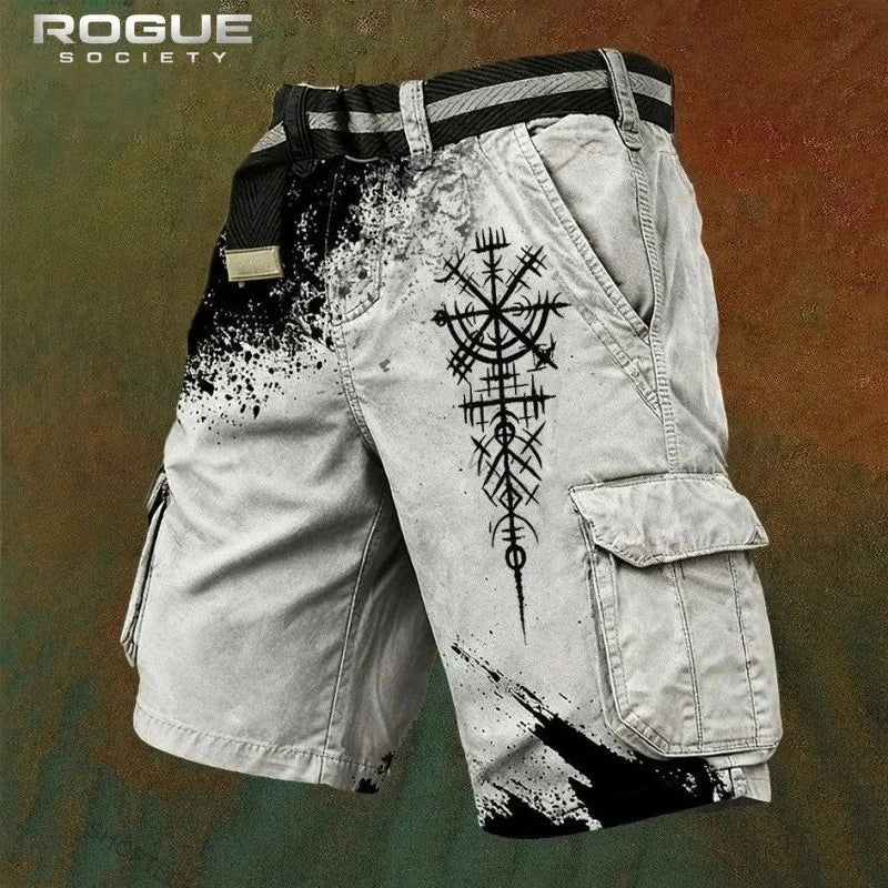 Norse Raven Printed Cargo Shorts Men Y2K Gothic Viking Embroidery Tree Graphic Harajuku Streetwear Loose Washed Summer Bottoms