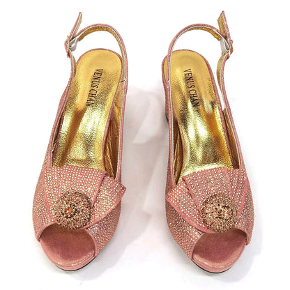 Venus Chan 2024 Italian Design Girly Style Golden Color Wedding Shoes And Bag Full Diamond Decoration Metal Closure Bags