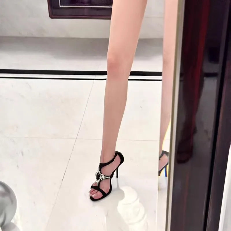 Sexy Rhinestone Stiletto High Heels Open-Toe One-Strap Buckle Sandals Suede Party Women Shoes Sandalias Mujer Verano