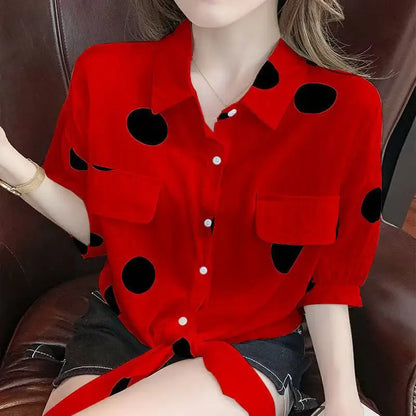 Small Fresh Polka Dot Shirt for Women Summer 2024 New Korean Version Loose Short-Sleeved Top with Lace-Up Chiffon Shirt for Wome
