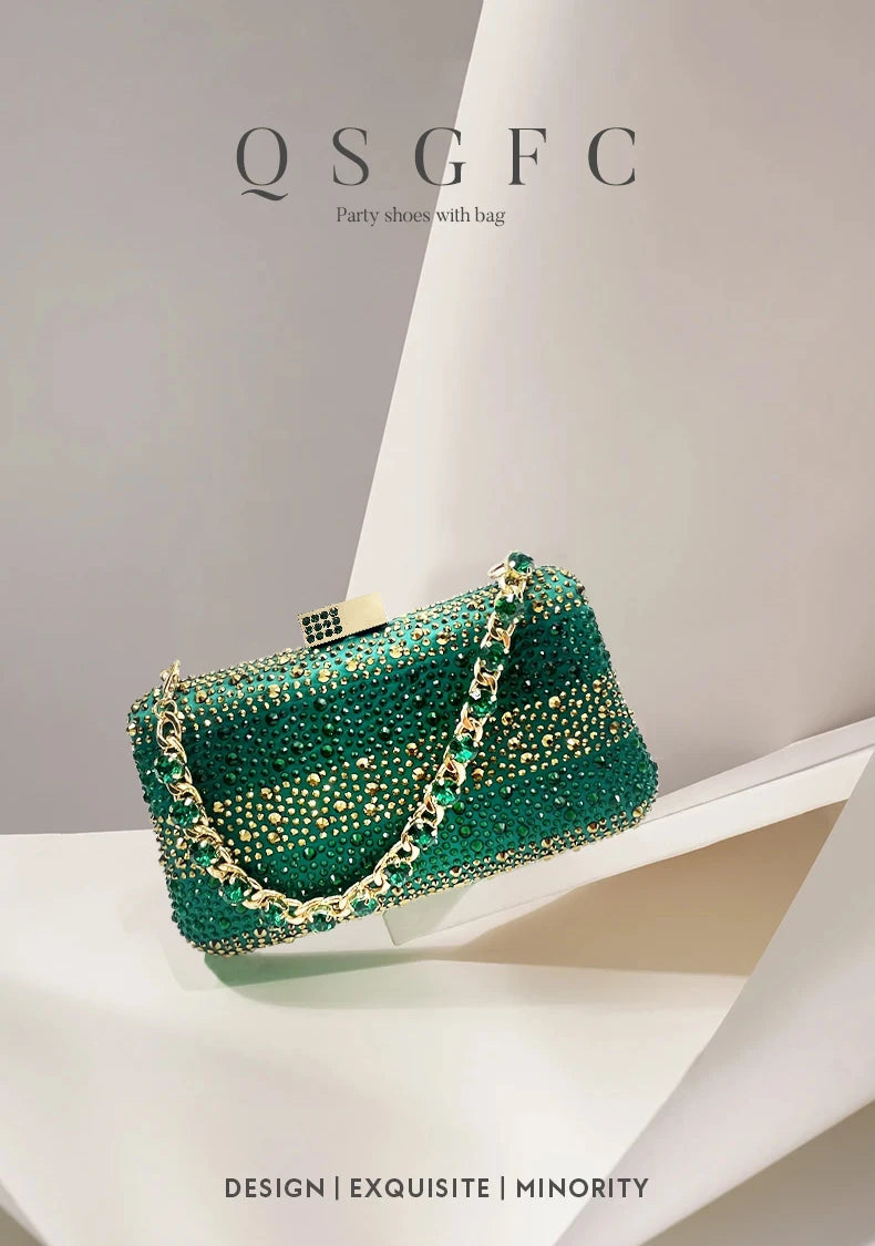 2026 Nigerian Women Heel Ladies Italian Luxury Design Green Shoes And Bag Set Decorated with Rhinestone Handbag Wedding Party