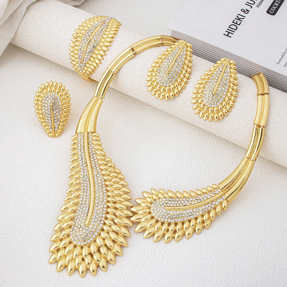 Trendy Colorful Jewelry Set for Women Zircon Collor Earrings and Necklace Large Gold Plated Bracelet Ring New Style Jewelry Gift