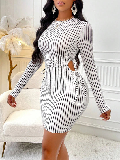 Women's Striped Knit Long Sleeve Dress, Waist Cut Out Tie Design, Slim Fit Elegant Fall & Winter Fashion, Moderate Fabric Thickn
