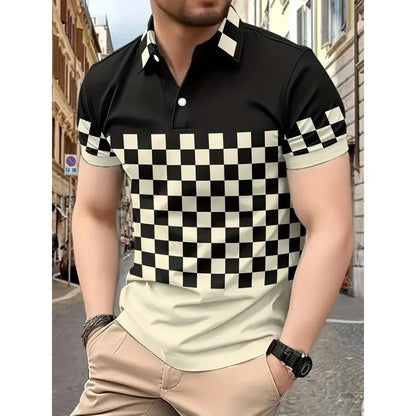 Men's simple checkered polo 3d printed button polo summer short-sleeved top daily street men's wear