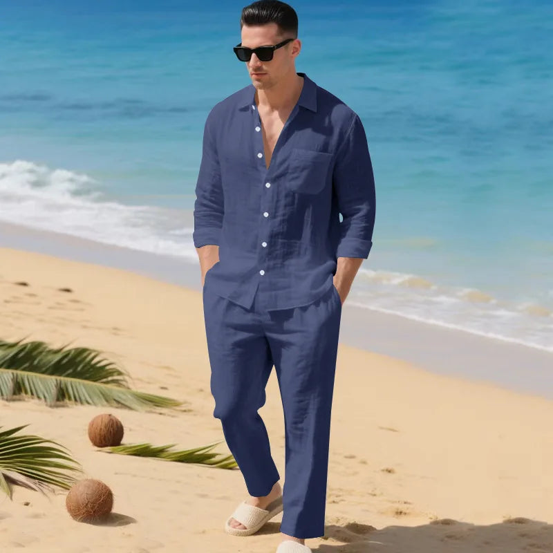 The 2026 Summer Men's linen short-sleeved shirt set is a two-piece long pants set suitable fordaily casual beach vacations 2Pcs