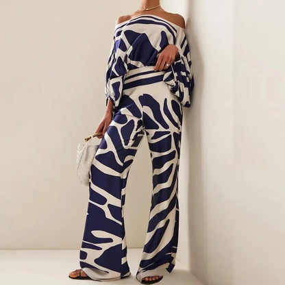 VEITCHE Women Print Outfit  Sleeve Off Shoulder Long Sleeve Blouse Office Lady 2 Piece Sets Spring Autumn Wide Leg Pants Suit
