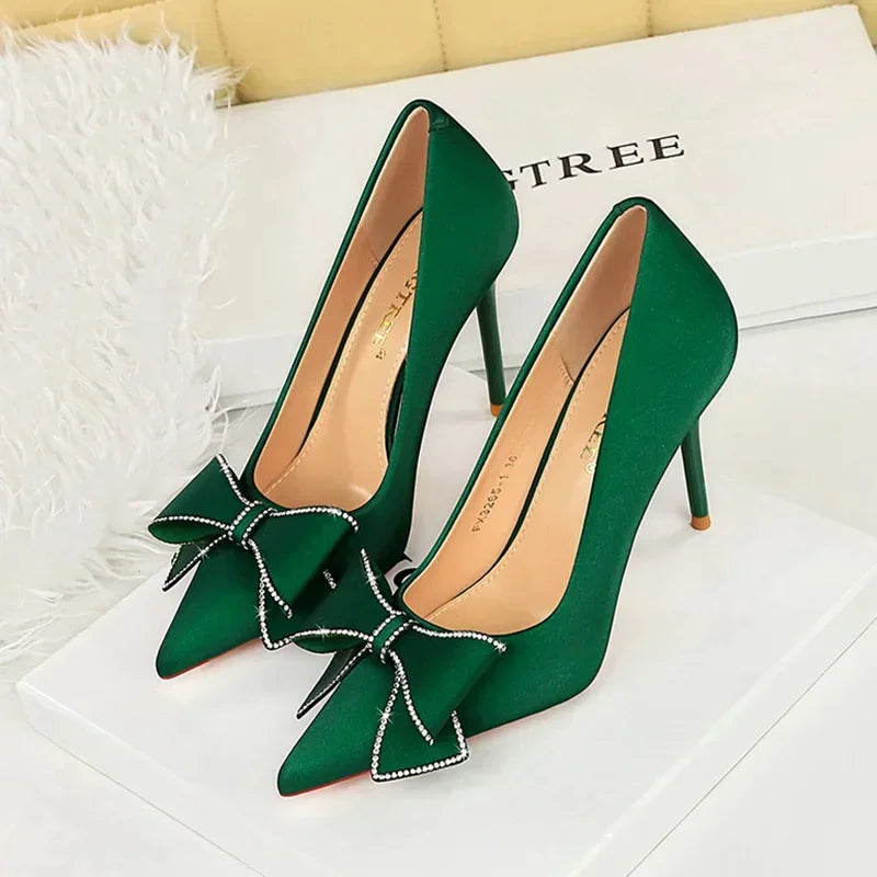 BIGTREE Fashion Korean Version 10cm High Heels Pumps Silk Shallow Pointed Toe Crystal Butterfly BowKnots Lady Red Purple Shoes