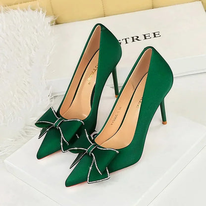 BIGTREE Fashion Korean Version 10cm High Heels Pumps Silk Shallow Pointed Toe Crystal Butterfly BowKnots Lady Red Purple Shoes