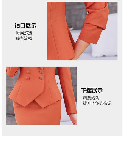 New Arrival Elegant Ladies Formal Skirt Suit Women Orange Blue Pink Long Sleeve Female Blazer Set for Business Work Wear