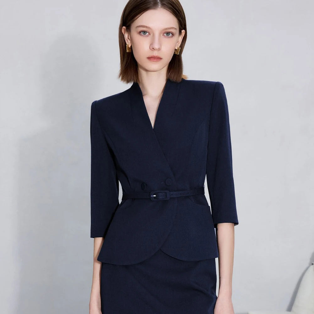 Two-Piece Suit For Women, Navy Blue Luxury Fashion Workplace Two-Piece Skirt Set, Minimalist Elegant Three-Quarter Sleeve Design