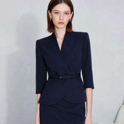 Two-Piece Suit For Women, Navy Blue Luxury Fashion Workplace Two-Piece Skirt Set, Minimalist Elegant Three-Quarter Sleeve Design