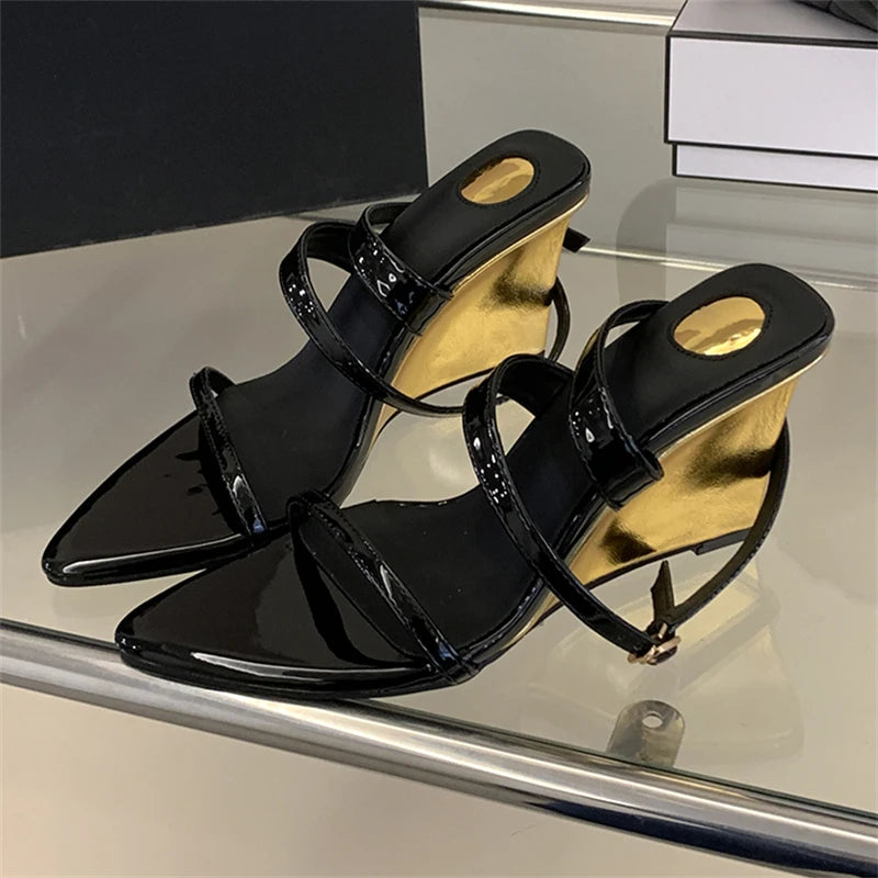 Street Style Design Wedges Heels Women Sandals Buckle Strap Pointed Toe Banquet Shoes Summer Ladies Pumps