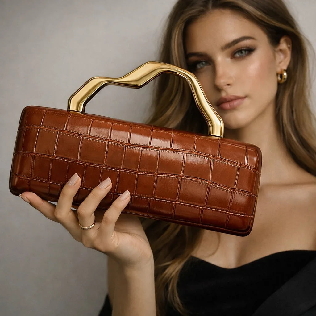 Luxury Burgundy Crocodile Pattern PU Evening Clutch with Gilded Shaped Handle for Ladies Fashionable Party Handbag