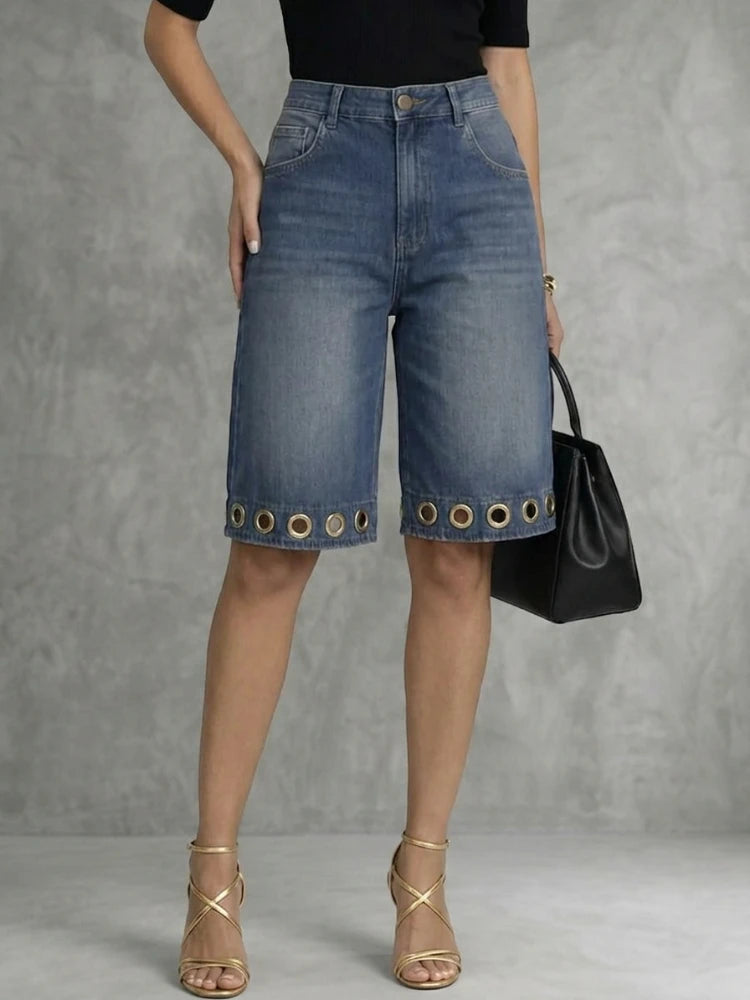 Bonboho Women's Eyelet Trim Denim Shorts Mid Blue High Waisted Wide Leg Bermuda Style Short Jeans 2026 New Streetwear Pants