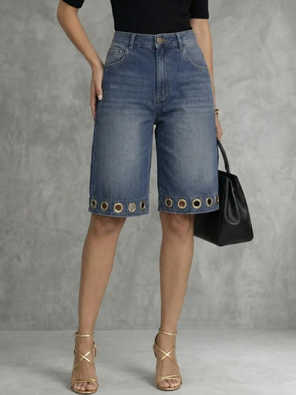 Bonboho Women's Eyelet Trim Denim Shorts Mid Blue High Waisted Wide Leg Bermuda Style Short Jeans 2026 New Streetwear Pants
