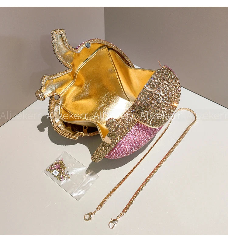 Alizekerr Heart Shaped Diamond Evening Bags Women 2026 Gorgeous Metallic Rhinestone Purses Ladies Unique Handbags Wedding Party