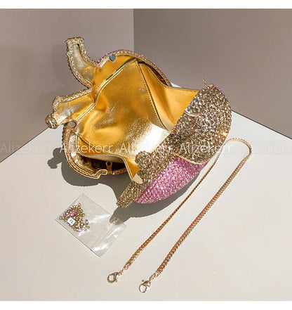 Alizekerr Heart Shaped Diamond Evening Bags Women 2026 Gorgeous Metallic Rhinestone Purses Ladies Unique Handbags Wedding Party