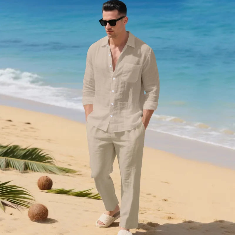 The 2026 Summer Men's linen short-sleeved shirt set is a two-piece long pants set suitable fordaily casual beach vacations 2Pcs
