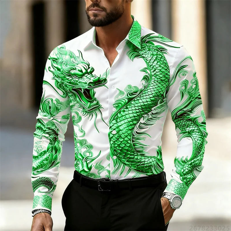 Men's shirt long sleeve shirt Chinese dragon HD pattern 3D printing lapel fashion casual street top, high quality fabric
