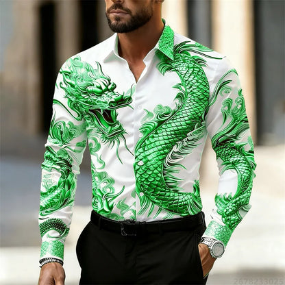 Men's shirt long sleeve shirt Chinese dragon HD pattern 3D printing lapel fashion casual street top, high quality fabric